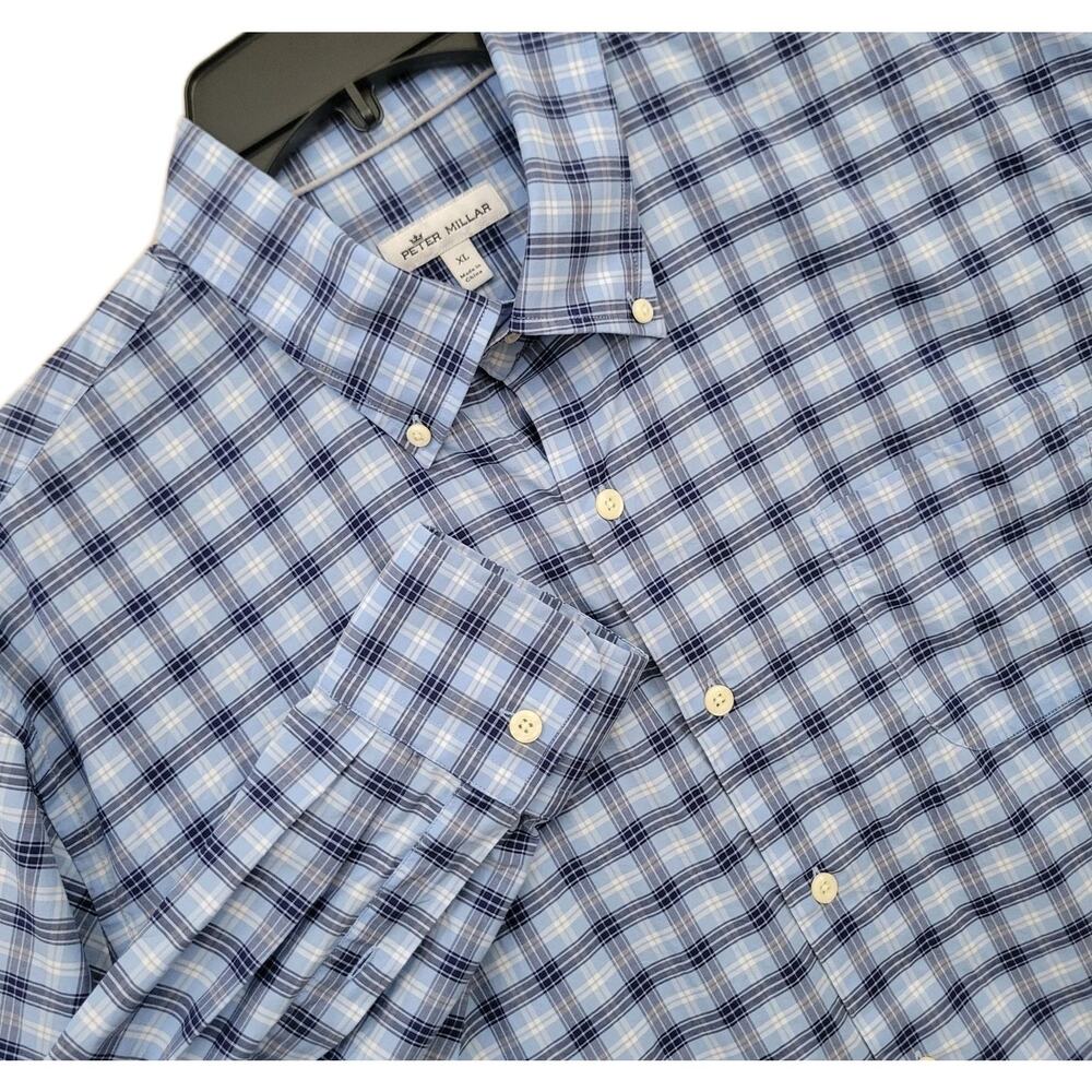 Peter Millar Shirt Men XL Blue Check Long Sleeve Button Up Casual